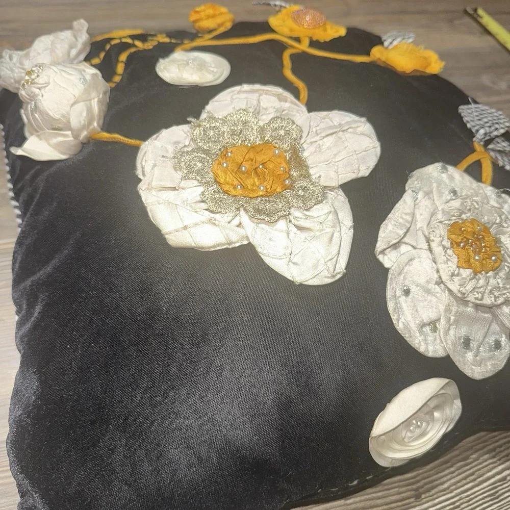 Mackenzie Childs Gardenia Square  Black Velvet Pillow, Raised Appliqué, 17 x 17